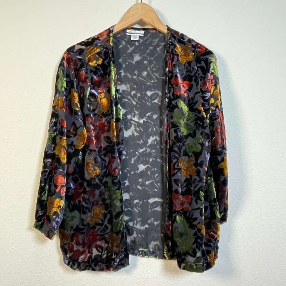 Mirror Image Cardigan Women XL Black Floral Velvet Burnout Sheer Open Front Boho